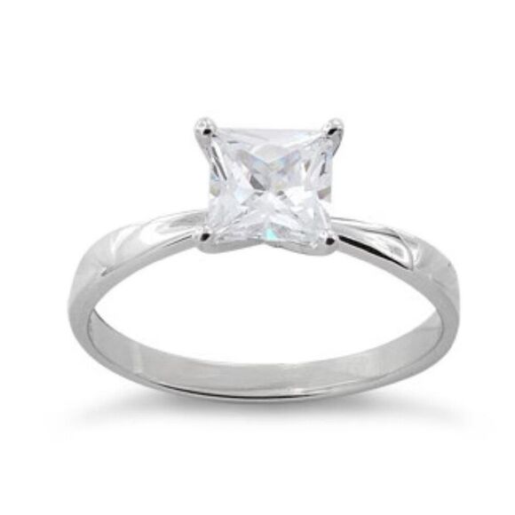 Sterling Silver Solitaire Princess Cut CZ Ring Engagement New * - Picture 2 of 5